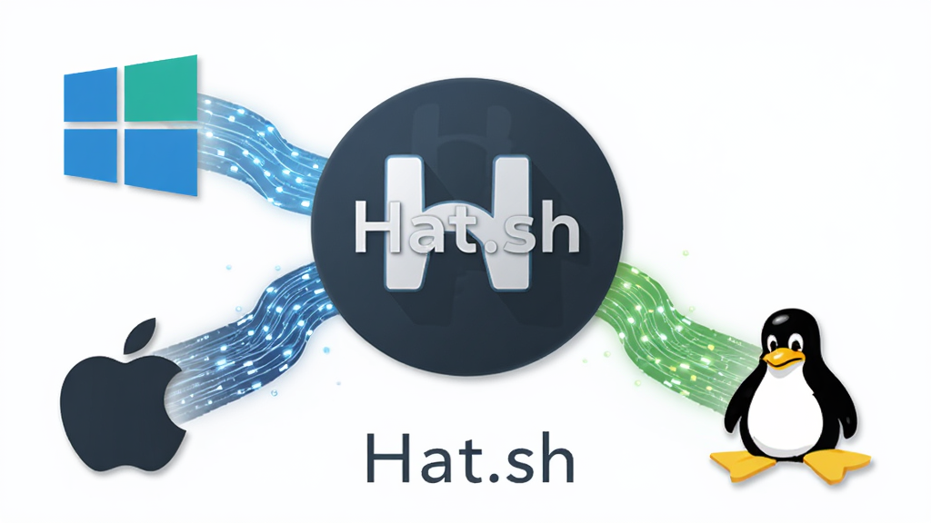 一张展示 Hat.sh 跨平台兼容性的概念图。画面中央是 Hat.sh 的圆形 Logo,由三条流动的数据线连接着三个不同操作系统的图标(Windows 徽标、苹果 Logo、Linux 企鹅),数据线呈现光效。布局为放射状,风格为科技互联风格,细节强调线条的流畅与光感,画质干净,画面无杂乱元素,带有文字
