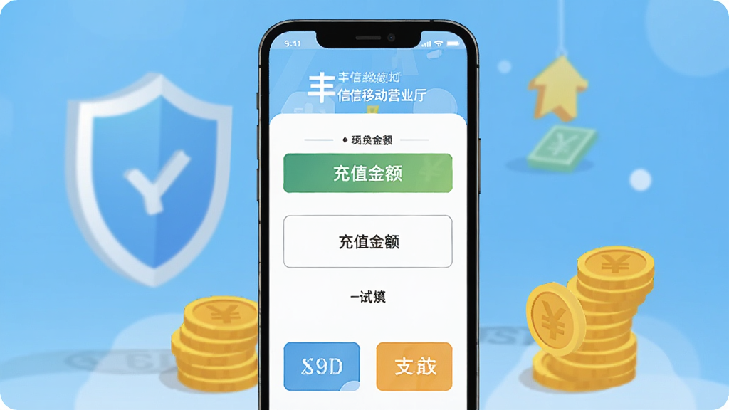 丰信移动营业厅充值缴费页面,手机显示充值金额选项和支付方式图标,背景有盾牌安全图标和金币元素,画面明亮整洁,扁平化设计,排版清晰,画质干净无多余元素