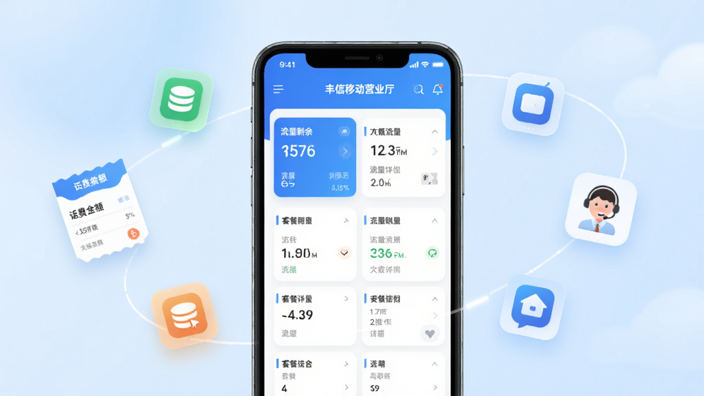 丰信移动营业厅APP主界面展示,画面中央是一部智能手机,屏幕显示丰信移动营业厅的首页,包含话费余额、流量剩余、套餐详情等卡片式布局,背景为浅蓝色渐变,周围环绕话费账单、流量图标、客服图标等悬浮元素,整体风格清新简洁,排版整齐,画质清晰干净,无多余元素