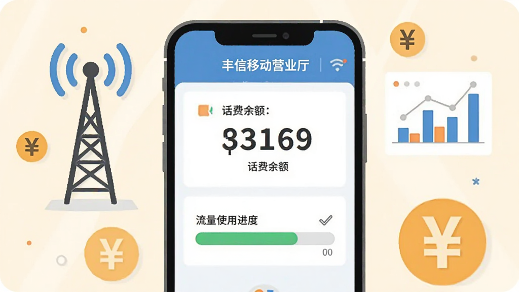 丰信移动营业厅话费查询功能界面,手机屏幕显示话费余额数字和流量使用进度条,周围有信号塔、数据图表、人民币符号等装饰元素,浅色背景,扁平化设计风格,排版简洁明了,画质清晰干净
