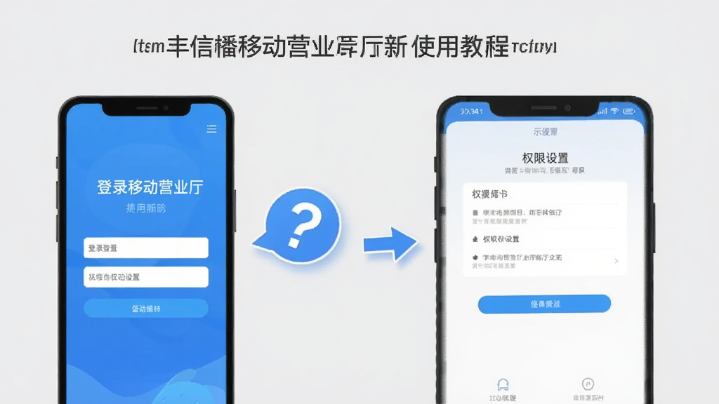 丰信移动营业厅新手使用教程示意图,手机屏幕展示登录页面和权限设置界面,旁边有问号图标和操作箭头指引,浅灰色背景,简洁扁平风格,排版清晰,画质干净