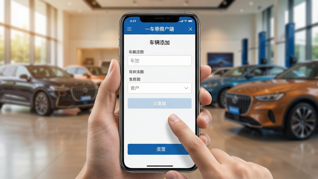 一车帝商户端操作教程示意图,主体为一只手拿着手机,手机屏幕显示车辆添加页面,背景为汽车展厅;布局为手机屏幕特写占据画面主体,背景虚化;排版简洁,突出手机界面;风格为写实商务风,色调以暖色和蓝色为主;细节包括手指点击屏幕的动作、界面上的输入框和按钮、背景中的汽车轮廓;画质高清,干净无多余元素,屏幕中显示“一车帝商户端”文字。