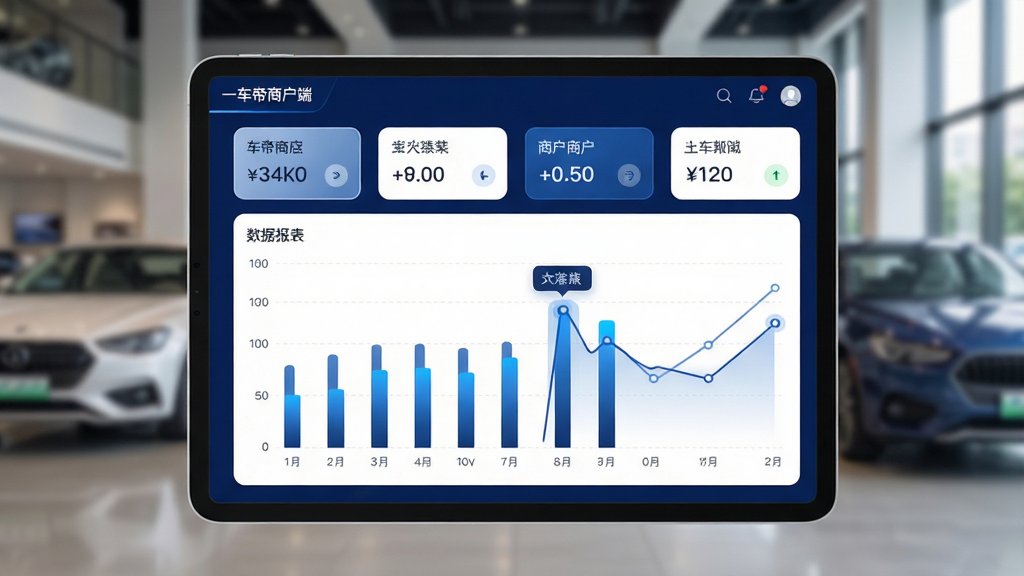 一车帝商户端数据报表界面,主体为平板电脑屏幕显示柱状图和折线图,图表上方有数字汇总卡片,背景为虚化的汽车展厅;布局为平板居中,图表占据主要视觉区域;排版采用仪表盘式设计,数据卡片在上方,图表在下方;风格为现代数据可视化风格,色调以深蓝和白色为主;细节包括图表动画效果、数据高亮标记、卡片圆角设计;画质高清,干净无多余元素,屏幕角落显示“一车帝商户端”标识。