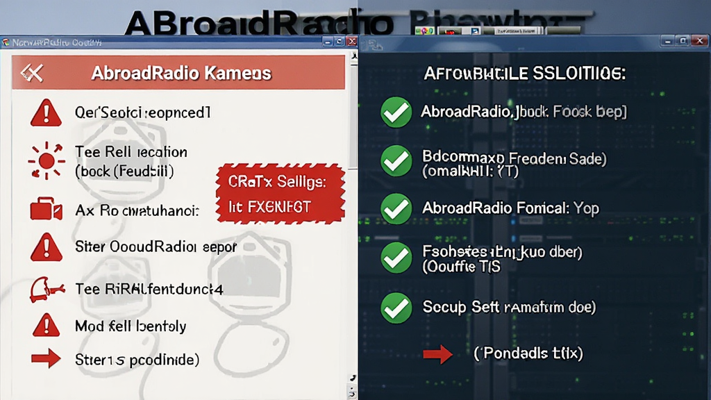 一张展示网络电台AbroadRadio故障排查的图片,主体为电脑屏幕上显示软件错误提示和解决步骤,布局左侧为问题列表右侧为解决方案,排版清晰,风格为教程指导风,细节包括红色警告图标和绿色对勾图标,画质清晰,干净,无多余元素