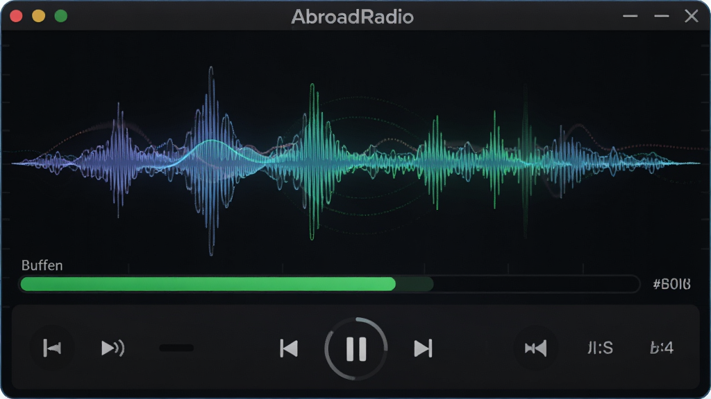 一张展示网络电台AbroadRadio流畅播放的图片,主体为软件播放界面中的波形动画和缓冲进度条,布局居中对齐,排版突出播放控制区域,风格为动感科技风,细节包括流畅的声波图形和绿色的缓冲指示,画质清晰,干净,无多余元素
