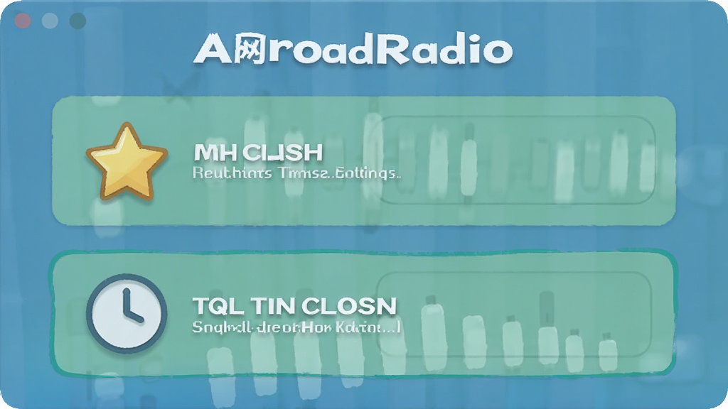 一张展示网络电台AbroadRadio个性化设置的图片,主体为软件设置面板中的收藏管理和定时关闭选项,布局为垂直排列,排版清晰,风格为友好亲和风,细节包括星标收藏图标和时钟图标,画质清晰,干净,无多余元素