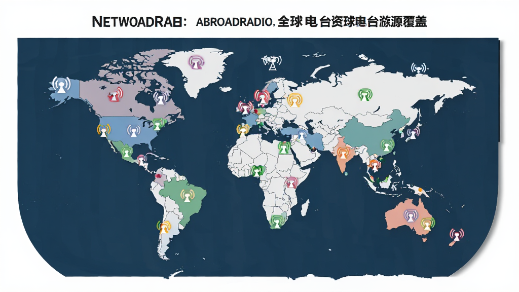 一张展示网络电台AbroadRadio全球电台资源覆盖的图片,主体为世界地图上分布着多个电台信号图标,布局以地图为中心,排版围绕地图展开,风格为扁平化信息图,细节包括不同颜色的信号点代表不同国家,地图背景干净简洁,画质清晰,干净,无多余元素