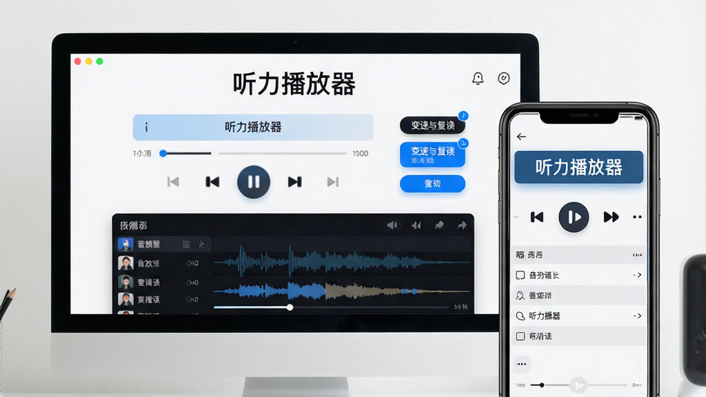 一张展现听力播放器软件界面的场景图,主体为电脑屏幕与手机屏幕并排展示播放器主界面,布局中央为播放控制区,下方为音频列表与波形进度条,右侧为变速与复读功能按钮,整体排版清晰有序,风格为现代简约科技风,细节包含蓝色高亮按钮、深色背景音轨波形、清晰的功能图标,画面干净明亮无多余元素,画质为高清4K,屏幕上醒目显示文字