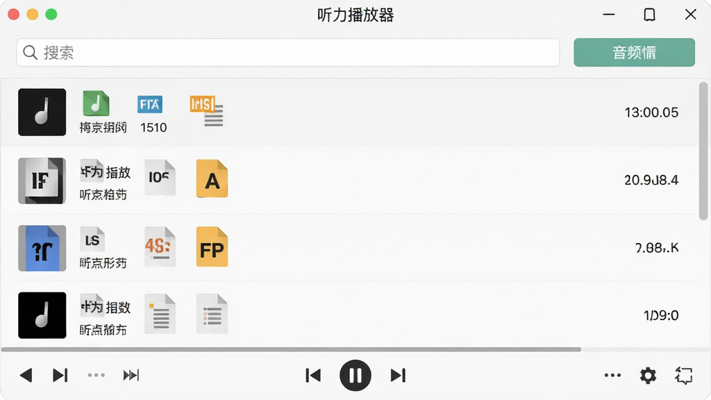 听力播放器多格式音频管理界面图,主体为软件音频库列表页面,布局顶部为搜索栏与导入按钮,中部为音频文件列表带格式图标,底部为播放控制条,排版为纵向列表结构,风格为浅色极简风,细节包含不同格式图标、时长显示、文件大小标注,画面干净无多余装饰,画质清晰,界面中显示文字