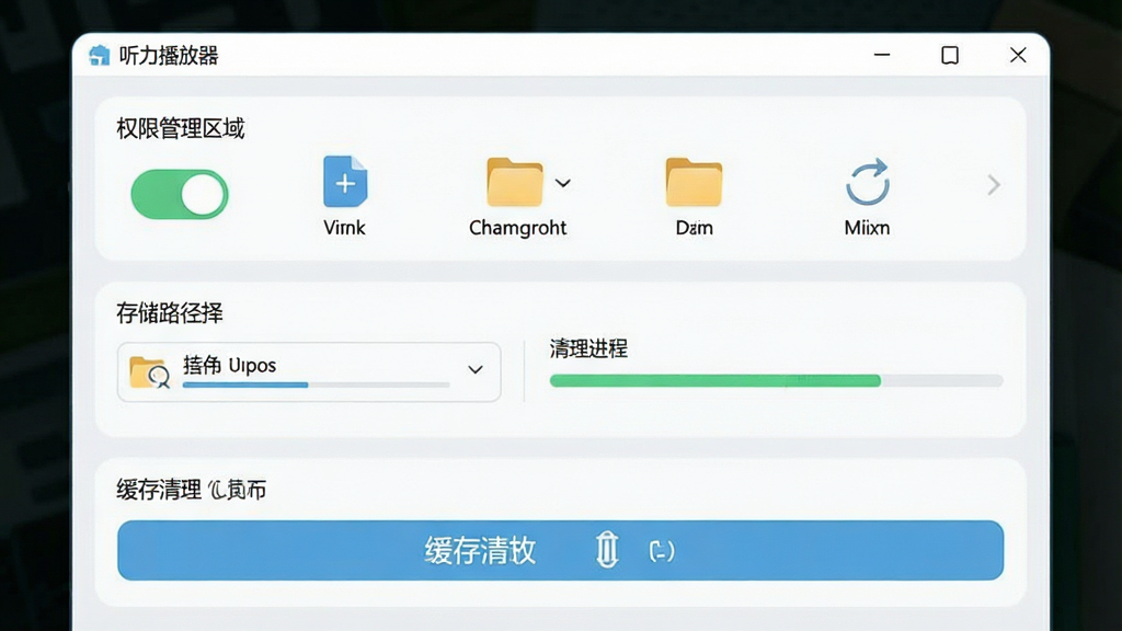 听力播放器新手操作指引图,主体为软件设置界面截图,布局上方为权限管理区域,中部为存储路径选择,下方为缓存清理按钮,排版为纵向分栏,风格为清爽浅色UI,细节包含权限开关、文件夹图标、清理进度条,画面干净整洁,画质高清,界面中显示文字