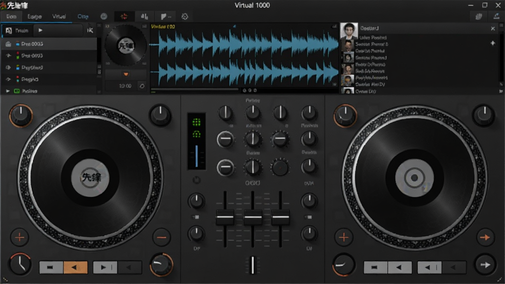 先锋1000模拟打碟机Virtual DJ软件主界面全貌,居中展示双转盘混音台布局,左右两个圆形打碟盘,中间为混音推子和EQ旋钮,屏幕显示波形图与曲目列表,整体以深灰色调为主,界面干净整洁,无多余装饰,画质清晰,适合软件下载站展示