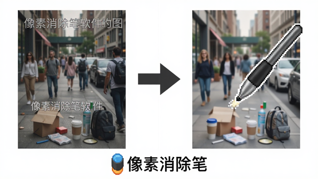 像素消除笔软件功能展示图,画面左侧展示一张带有水印和路人杂物的原始照片,右侧展示经过像素消除笔处理后干净整洁的同一张照片。中间有一个箭头从左侧指向右侧,表示消除过程。画面底部有像素消除笔的文字标识。风格为对比展示风,布局左右对称,细节清晰,画质高清,干净无多余元素。