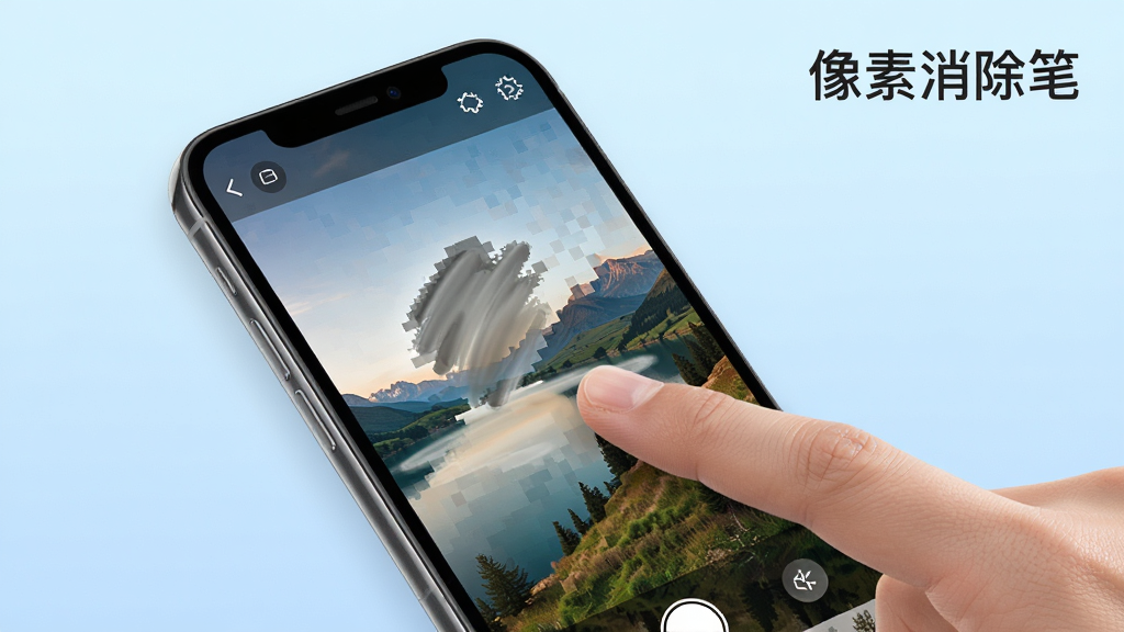 一款名为像素消除笔的手机应用界面展示,画面中央是一部智能手机,屏幕上显示着一张风景照片,照片中有一处被手指涂抹的区域正在被智能消除,周围像素自动填充修复。背景为柔和渐变浅蓝色,画面右上角有像素消除笔的文字标识。风格为简洁科技风,细节清晰,画质高清,干净无多余元素。