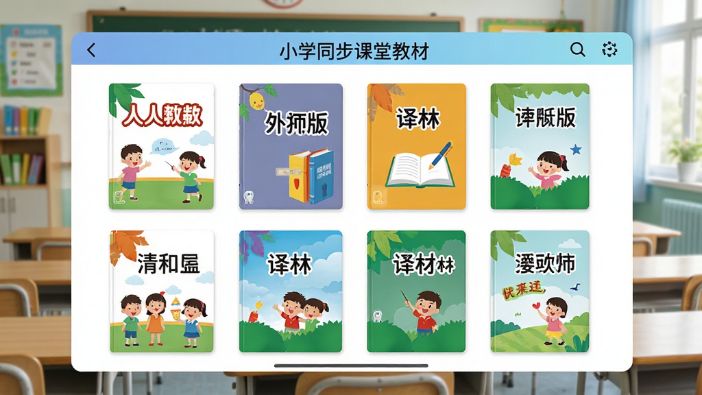 小学英语同步课堂教材选择界面,画面中展示多个教材版本封面排列整齐,有人教版、外研版、译林版等标识,背景为教室场景,风格清新明快,文字标注清晰,画面干净,画质高清,无多余装饰元素