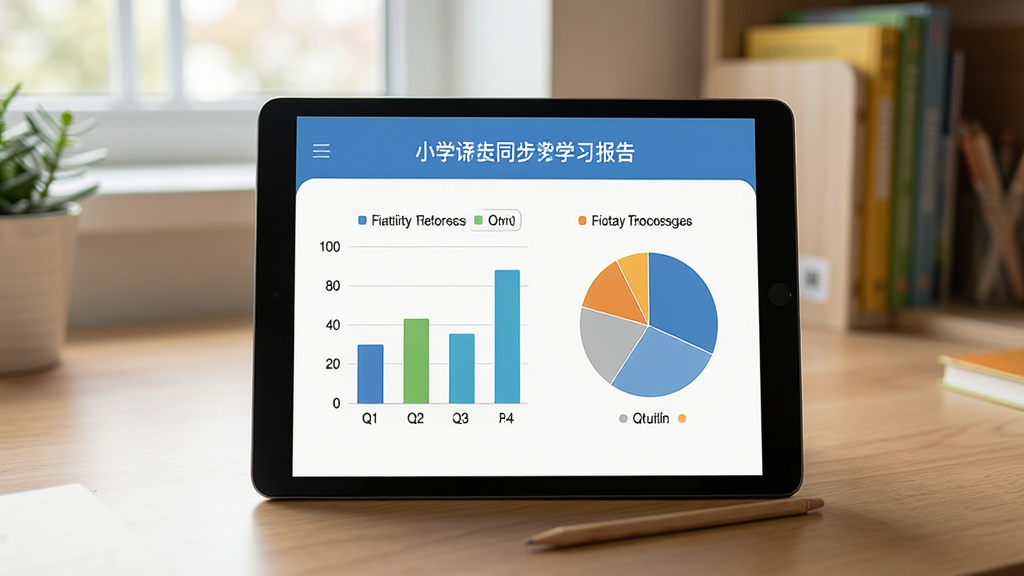 小学英语同步课堂在平板电脑上运行的学习报告页面,屏幕显示柱状图和饼图统计学习进度,界面风格简洁现代,背景为居家书桌环境,文字清晰,画质高清,无多余元素