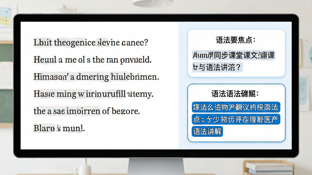 小学英语同步课堂课文翻译与语法讲解页面,屏幕左侧显示英文课文,右侧显示中文翻译和语法要点框,语法点用蓝色高亮标注,界面排版整洁,风格简约,文字清晰,画质细腻,无杂乱元素