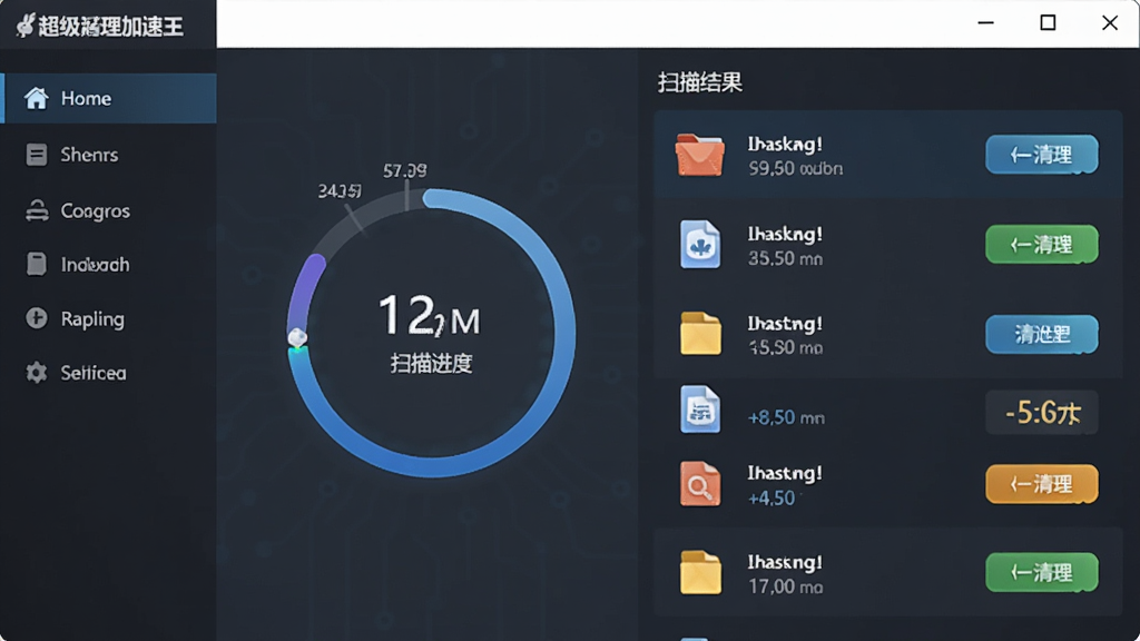 超级兔子加速王软件垃圾清理功能界面截图,主体为扫描进度环形图与清理项目列表,布局为左侧功能导航栏、右侧扫描结果区域,排版清晰分层,风格为清爽浅色科技风,细节包括文件类型图标、占用空间大小标注、一键清理按钮等,画面干净整洁无杂乱元素,画质为高清,展现软件专业清理能力
