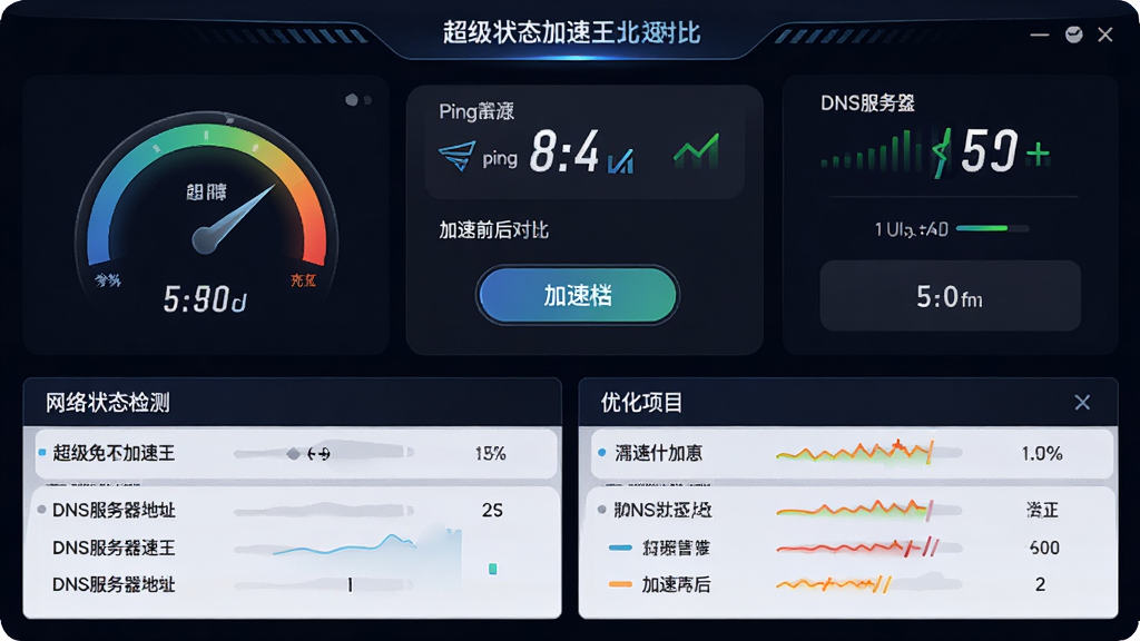 超级兔子加速王网络加速功能展示图,主体为网络延迟检测仪表盘与加速前后对比数据,布局为上方网络状态总览、下方优化项目列表,排版对称工整,风格为深色科技感风格,细节包括ping值显示、DNS服务器地址、加速开关按钮等,画面干净无多余元素,画质为高清,突出网络优化效果