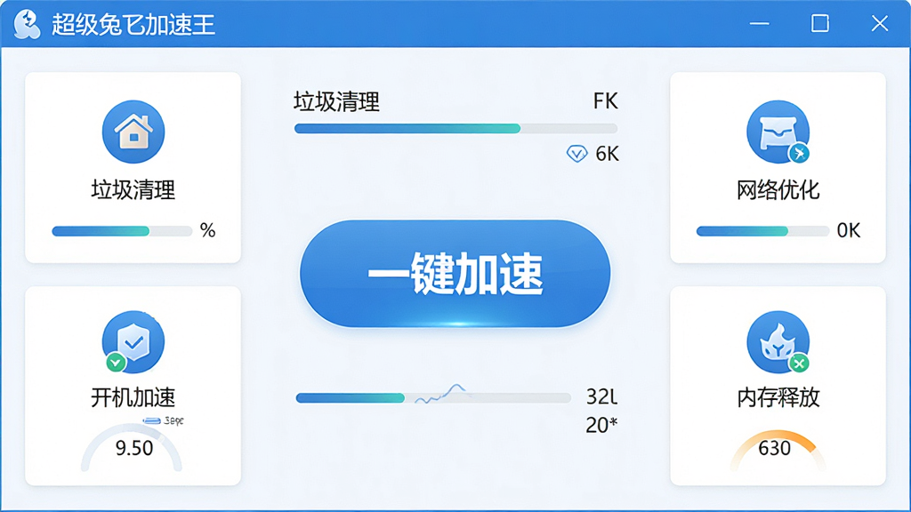 一张展示电脑系统优化软件界面的图片,主体为超级兔子加速王软件主界面,布局为中央大按钮一键加速,周围环绕垃圾清理、网络优化、开机加速、内存释放四个功能模块图标,排版简洁清晰,风格为现代扁平化科技蓝风格,细节包括进度条、温度显示、优化评分等元素,画面干净无多余装饰,画质为高清2K,整体呈现专业软件UI效果