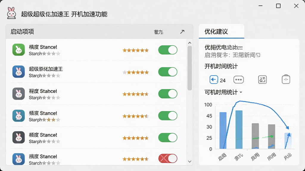 超级兔子加速王开机加速功能界面,主体为启动项列表与开机时间统计图表,布局为左侧启动项清单、右侧优化建议面板,排版清晰有序,风格为简约商务浅灰风格,细节包括启动项图标、影响程度星级标注、禁用启用开关等,画面干净整洁,画质为高清,展现开机优化管理能力