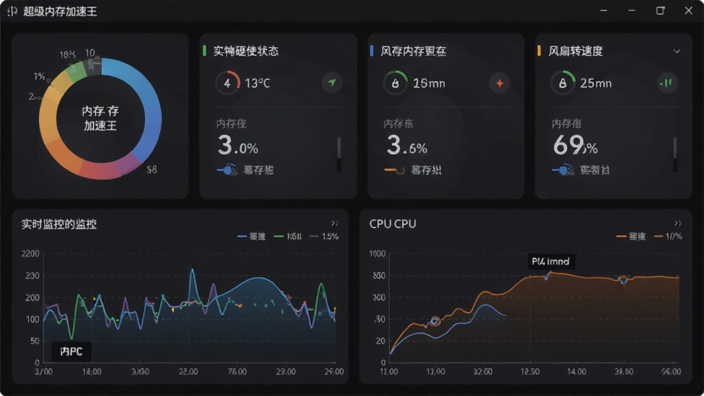 超级兔子加速王内存释放与硬件监控界面,主体为内存占用环形图与CPU温度曲线图,布局为上方硬件状态卡片、下方实时监控图表,排版信息层次分明,风格为现代深色仪表盘风格,细节包括温度数值、风扇转速、内存百分比等数据展示,画面干净专业,画质为高清,体现系统资源监控功能