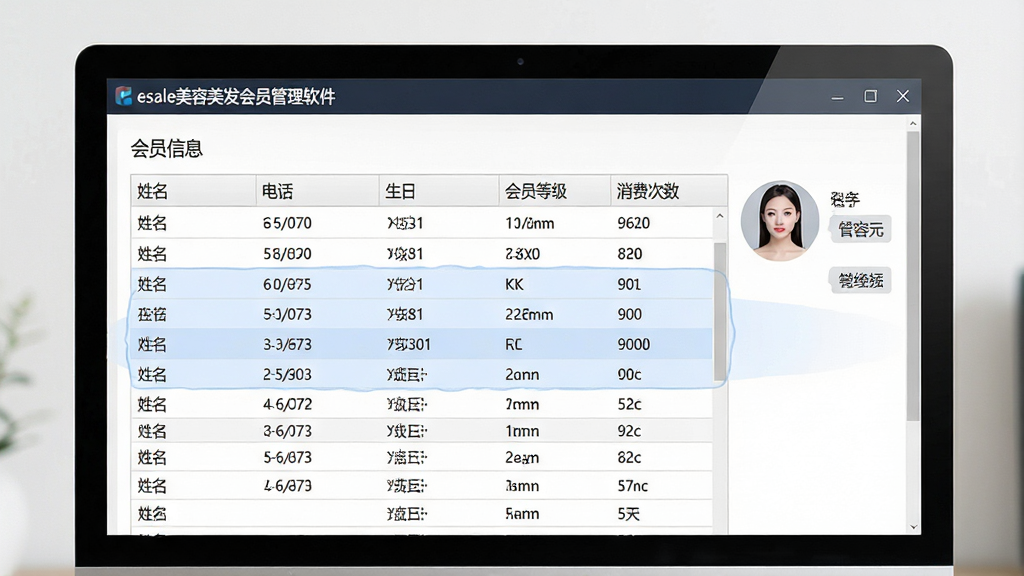 一张展示会员档案管理界面的软件截图风格图片,画面主体是一个电脑屏幕,屏幕上显示着会员信息表格,包含姓名、电话、生日、会员等级、消费次数等字段,表格旁边有会员头像和标签,布局为居中展示屏幕内容,风格为简洁商务UI风格,细节包括清晰的表格线条、柔和的蓝色高亮选中行,画质高清、干净、无多余元素,屏幕上方标题栏写有“esale美容美发会员管理软件”字样