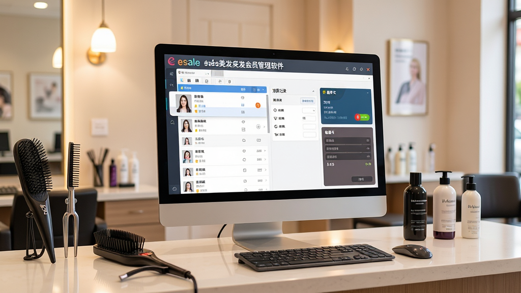 一张展示美容美发店前台使用电脑管理会员信息的场景图,画面中央是整洁的美发沙龙前台,一台显示器屏幕上显示着会员管理软件界面,界面中有会员列表、消费记录和储值卡信息,前台旁边放着美发工具和产品,整体布局为横向宽幅构图,风格为写实商业摄影风,细节包括温暖的灯光、干净整洁的环境、屏幕界面清晰可见,画质高清、干净、无多余元素,画面中软件界面标题处写有“esale美容美发会员管理软件”字样