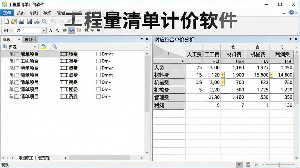 一张展示工程量清单计价软件清单编制与计价一体化功能的图片,画面中软件界面分为左右两栏,左栏显示清单项目列表,右栏显示对应的综合单价分析表,表格中有人工费、材料费、机械费、管理费、利润等明细,界面顶部有菜单栏和工具栏,整体风格专业简洁,背景为干净的白色,画面中可看到软件名称“工程量清单计价软件”字样,高清画质,无多余元素