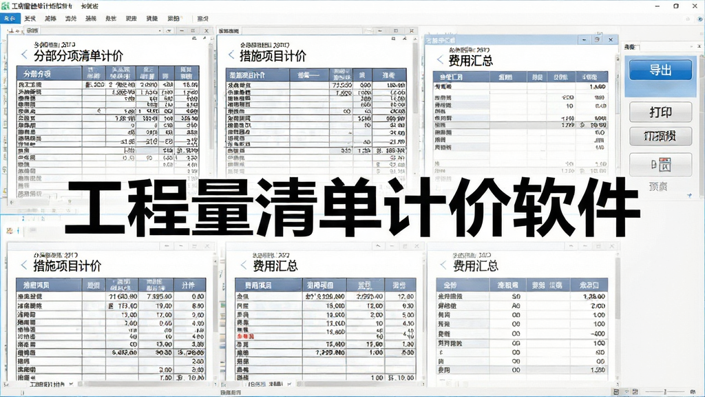 一张展示工程量清单计价软件报表输出功能的图片,画面中显示多张不同格式的计价报表整齐排列,包括分部分项清单计价表、措施项目计价表、费用汇总表等,报表上有清晰的表格线和数据,界面右侧有导出按钮和打印预览按钮,整体风格商务专业,背景为白色,画面中可看到软件名称“工程量清单计价软件”字样,高清画质,无多余元素