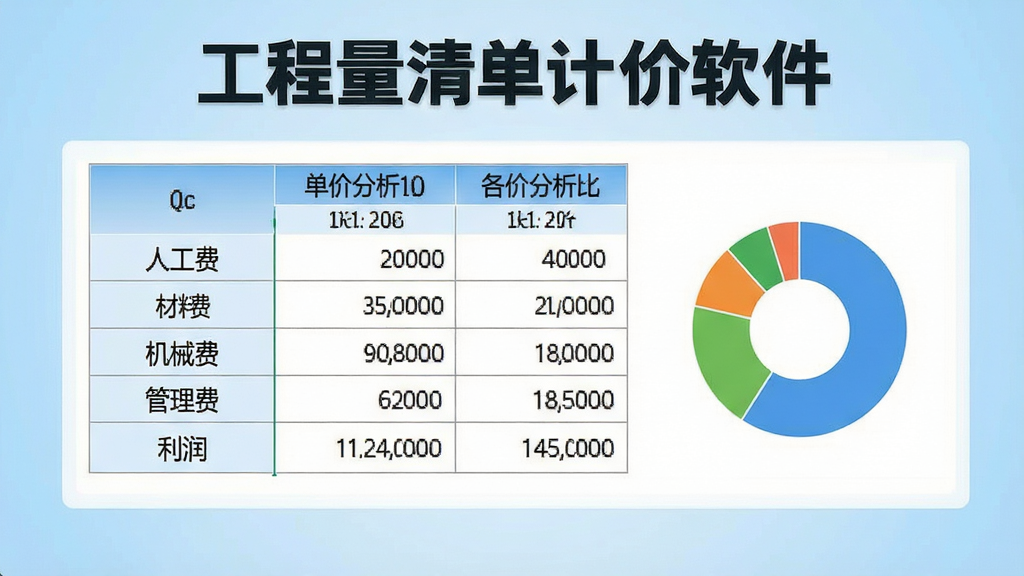 一张展示工程量清单计价软件综合单价分析功能的图片,画面中央是单价分析表格,表格中清晰列出人工费、材料费、机械费、管理费、利润等费用组成,表格右侧有饼状图展示各项费用占比,界面风格现代简洁,背景为浅蓝色渐变,画面中可看到软件名称“工程量清单计价软件”字样,高清画质,干净整洁,无多余元素