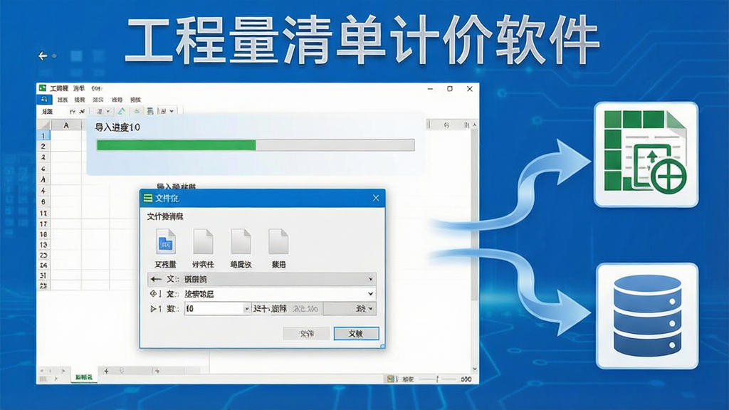一张展示工程量清单计价软件数据导入与兼容功能的图片,画面中软件界面显示导入进度条和文件选择对话框,背景中有Excel表格和数据库图标,箭头示意数据从外部文件流入软件,界面风格科技感简洁,色调以蓝色和白色为主,画面中可看到软件名称“工程量清单计价软件”字样,高清画质,干净无多余元素