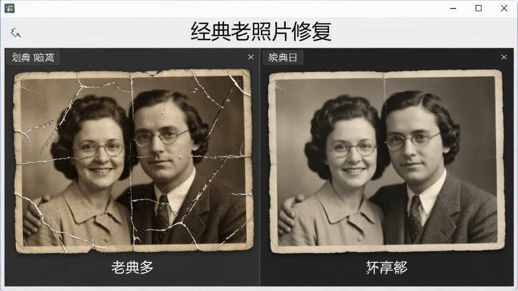 经典老照片修复软件的破损划痕修复功能界面,展示一张带有明显折痕和划痕的老照片经过软件修复后变得平整完好的对比效果,软件名称“经典老照片修复”在界面顶部显示,风格干净专业,高清画质