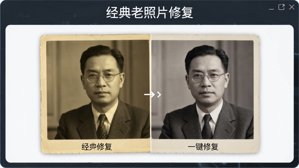 经典老照片修复软件的一键修复功能界面,画面中央展示一张泛黄老照片经过软件处理后变得清晰锐利的前后对比效果,软件名称“经典老照片修复”显示在界面顶部,风格简洁科技感,干净无多余元素,高清画质