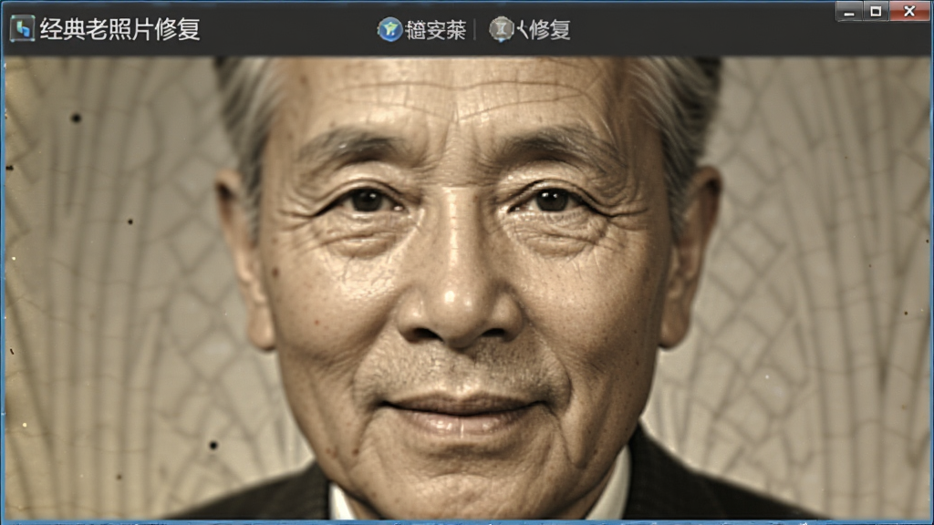 经典老照片修复软件的面部细节增强功能展示,画面中一张模糊的老照片人物面部经过软件处理后变得清晰立体,五官轮廓分明,软件名称“经典老照片修复”在界面中显示,干净无多余元素,高清画质