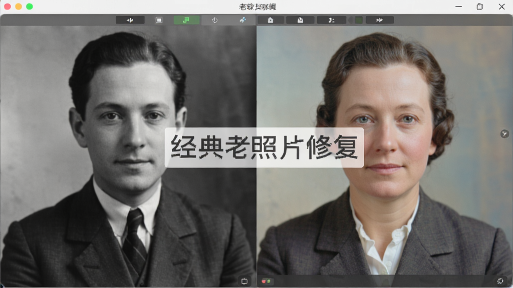 经典老照片修复软件的黑白照片上色功能展示,画面左侧为黑白老照片,右侧为软件自动上色后的彩色效果,色彩自然柔和,软件名称“经典老照片修复”在界面中清晰可见,干净无多余元素,高清画质