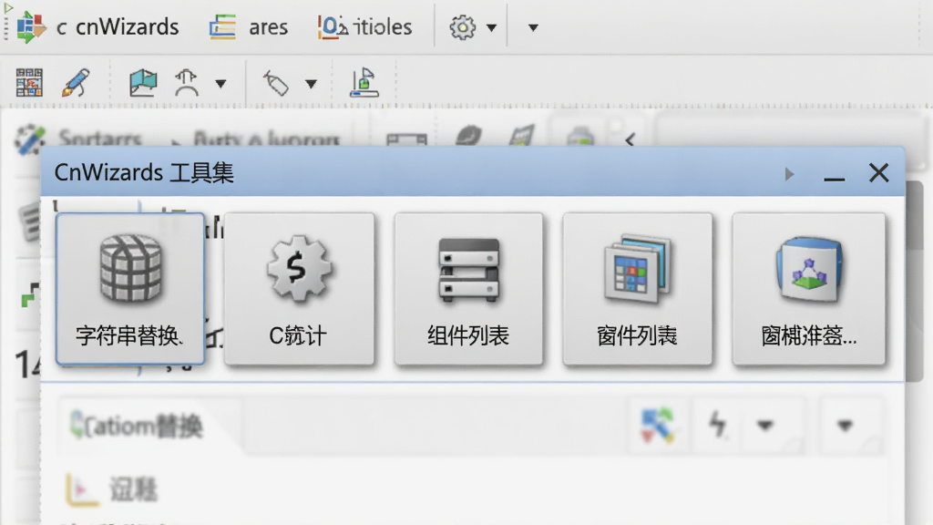 CnWizards 工具集面板展开状态,显示一排图标按钮,包括字符串替换、代码统计、组件列表、窗体排列等,背景为浅灰色 IDE 界面,风格为写实软件截图,细节包含图标阴影、菜单高亮,画质清晰,干净,无多余元素