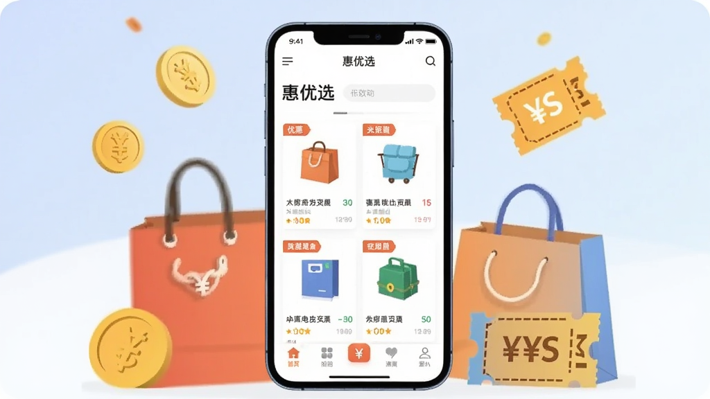 画面中央放置一部智能手机,屏幕显示“惠优选”应用首页,页面包含商品卡片、优惠标签与底部导航栏,手机周围散落购物袋、金币与折扣券图标,背景为浅蓝到白色的柔和渐变,整体采用扁平化插画风格,色彩干净明亮,细节清晰,构图居中对称,画质高清,无多余元素