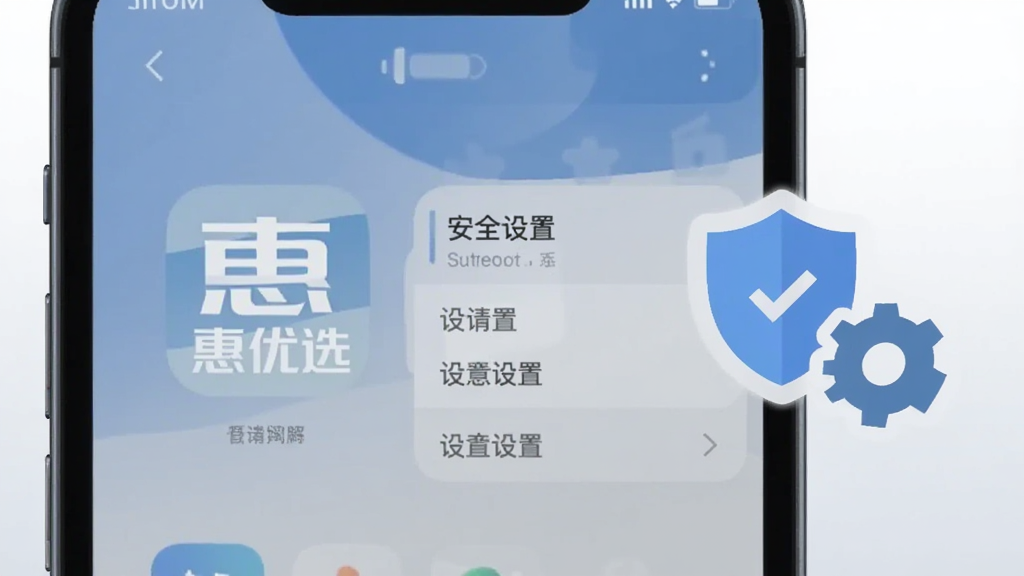 画面展示一部手机屏幕出现“惠优选”应用图标与设置菜单界面,旁边有盾牌与齿轮图标象征安全设置,背景为浅灰渐变,采用简洁扁平化风格,色调以蓝灰为主,构图清晰,画质干净,无多余元素