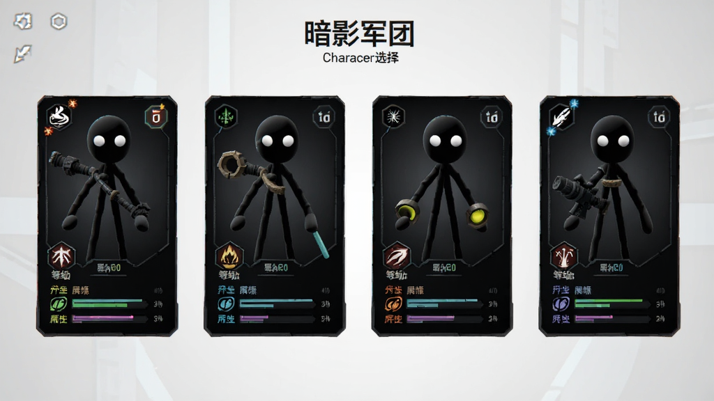 火柴人:暗影军团 角色选择界面 主体为四个不同造型的火柴人战士排列展示 布局为横向排列 排版为卡片式 风格为暗黑科技风 细节包括技能图标、等级标识、属性条 画质高清 干净 无多余元素