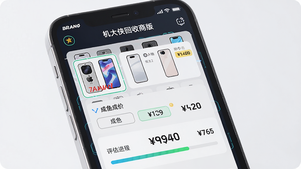 机大侠回收商版智能估价界面,手机屏幕显示多款手机型号选择列表和成色选项,画面中有价格数字和评估进度条,主体为手机屏幕特写,布局为居中展示,风格为科技感UI设计,细节包括品牌图标和价格标签,画质清晰,干净无杂乱