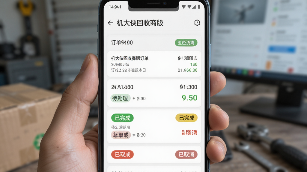 机大侠回收商版订单管理页面,安卓手机屏幕显示订单列表和状态标签,画面中包含待处理、已完成、已取消等状态分类,主体为手机界面特写,布局为纵向排列,风格为清爽简约的移动端设计,细节包括订单编号和时间戳,画质高清,干净整洁