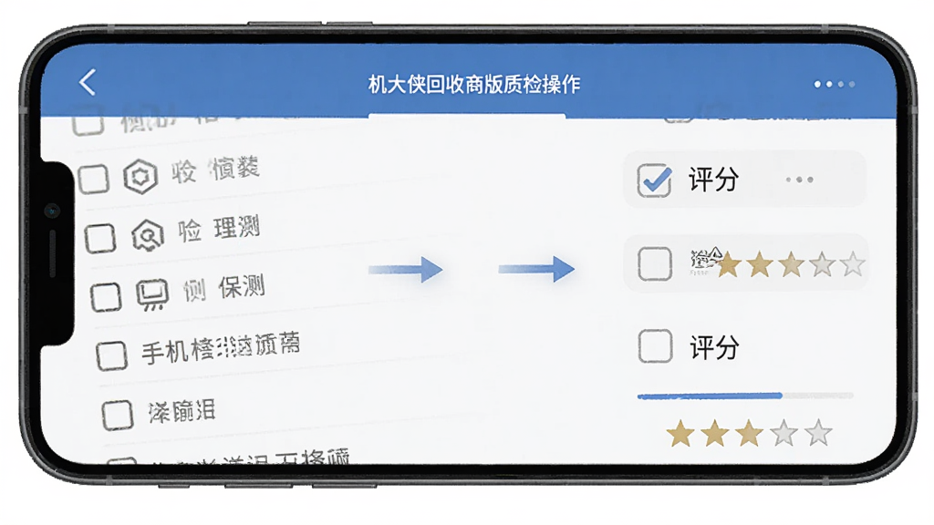 机大侠回收商版质检操作界面,手机屏幕展示手机检测项目清单和评分选项,画面中有勾选框和评分星级,主体为手机屏幕,布局为分步引导式设计,风格为专业工具类APP界面,细节包括检测图标和进度提示,画质清晰,无多余装饰
