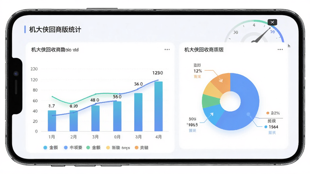 机大侠回收商版数据统计页面,手机屏幕显示柱状图和饼状图展示回收数据,画面中有金额数字和趋势曲线,主体为手机界面,布局为仪表盘式设计,风格为现代数据可视化风格,细节包括图例和数值标签,画质高清,干净清爽