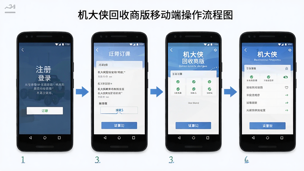 机大侠回收商版移动端操作流程图,一部安卓手机展示从注册登录到订单结算的完整操作步骤,画面分为多个小屏幕截图并排展示,主体为手机界面操作流程,布局为横向排列的步骤图,风格为教程类信息图设计,细节包括箭头指引和步骤编号,画质清晰,干净整洁