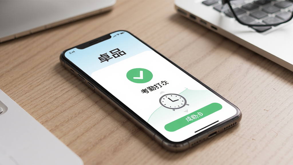 一部手机放置在办公桌上,屏幕显示卓品APP的考勤打卡成功界面,周围有绿色的对勾图标和时钟元素,背景为整洁的办公桌面,风格简洁商务,画质清晰,无杂乱元素。