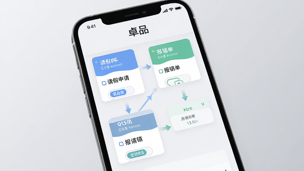 手机屏幕展示卓品APP的审批流程图,包含请假申请和报销单等卡片式界面,箭头连接各审批节点,背景为浅灰色渐变,风格现代商务,画面干净,4K画质。