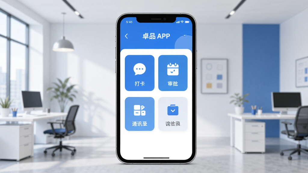 画面中央是一部智能手机,屏幕上显示着卓品APP的办公界面,包含打卡、审批、通讯录等模块图标,背景为现代简约的办公室环境,采用扁平化设计风格,色调以蓝色和白色为主,画面干净整洁,无多余元素,4K高清画质。