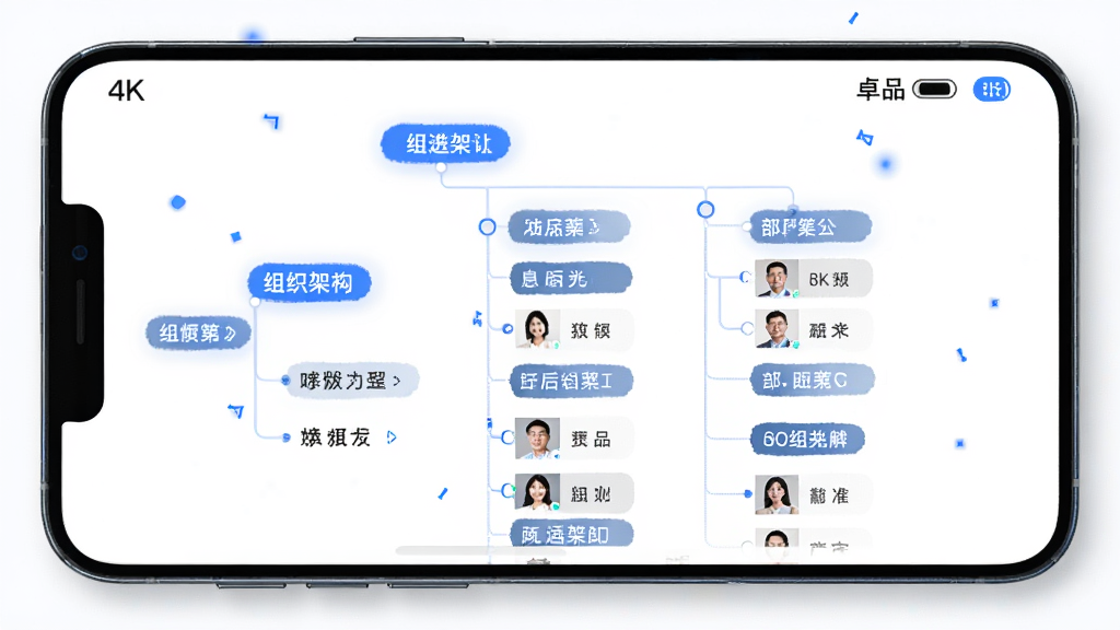 手机屏幕显示卓品APP的组织架构树状图,包含多个部门分支和员工头像,背景为白色简洁风格,带有少量蓝色点缀,画面干净,4K高清。