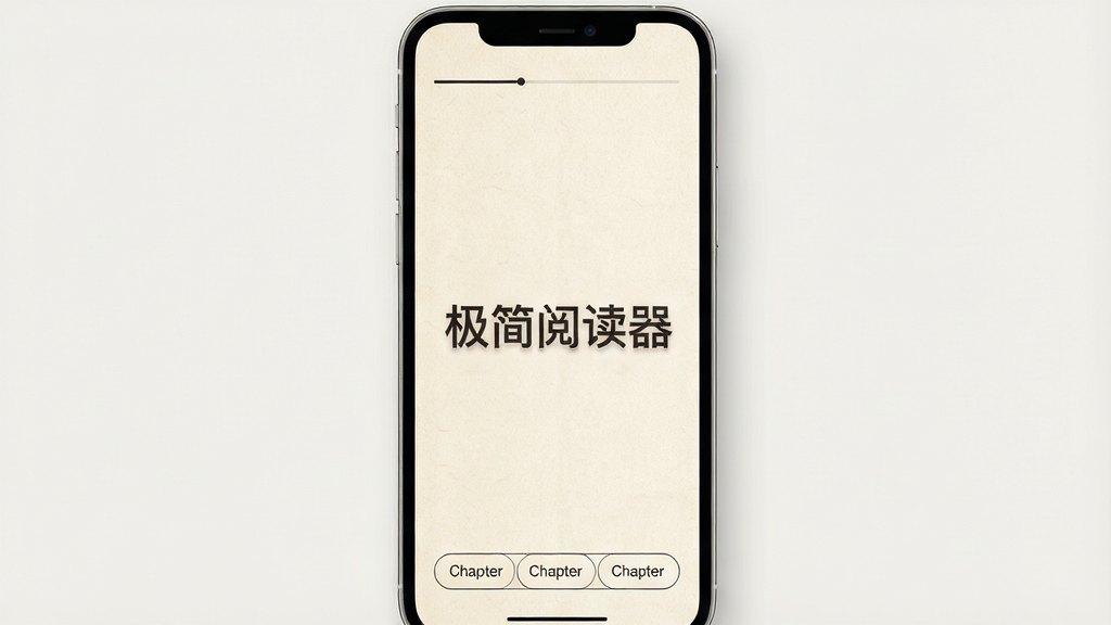 一张展示极简阅读器主界面的手机样机图,画面中央是手机屏幕,屏幕内显示清爽的纯文字阅读界面,背景为淡雅的米黄色纸张纹理,顶部有极简的进度条,底部有细线勾勒的章节按钮,整体布局居中对称,风格为现代扁平化UI设计,细节包含细腻的字体渲染和柔和的阴影,画质高清,干净无多余元素,图片中打文字“极简阅读器”