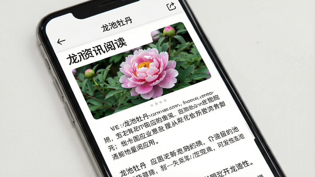 一幅展示龙池牡丹应用资讯阅读页面的场景图,主体为手机屏幕中显示一篇图文并茂的文章,标题区域有牡丹花配图,正文为分段文字。布局为上下滚动式内容流,顶部有返回按钮和分享图标。风格为简约阅读类应用UI风格,细节包括清晰的字体层级、留白充足的段落间距和淡雅的配色。画质清晰,画面干净,无多余元素。
